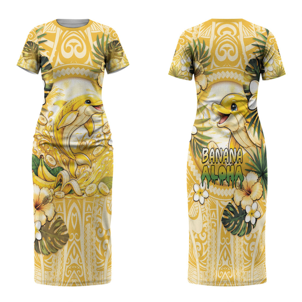 Hawaii Banana Dolphin Family Matching Short Sleeve Bodycon Dress and Hawaiian Shirt Cute Cosplay Naiʻa Fish Tribal Patterns