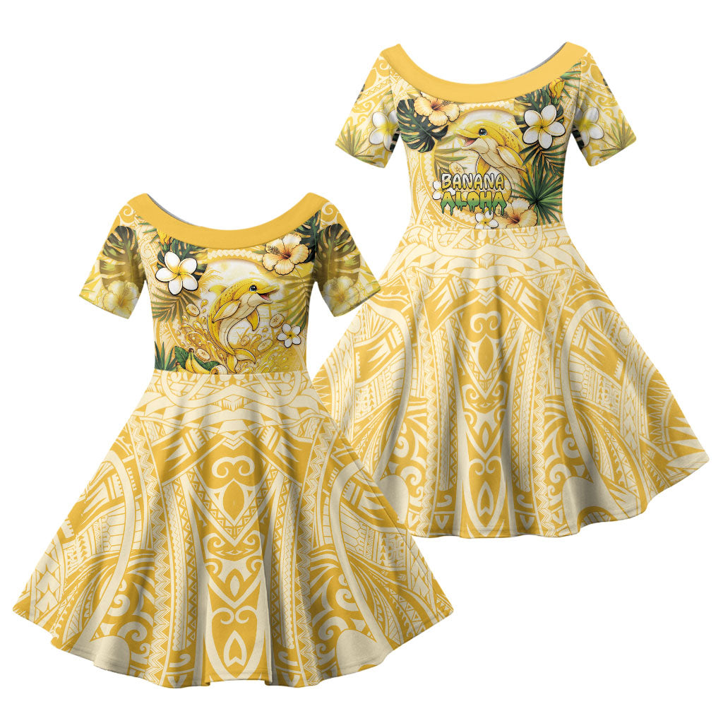 Hawaii Banana Dolphin Family Matching Short Sleeve Bodycon Dress and Hawaiian Shirt Cute Cosplay Naiʻa Fish Tribal Patterns
