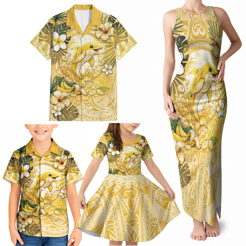 Hawaii Banana Dolphin Family Matching Tank Maxi Dress and Hawaiian Shirt Cute Cosplay Naiʻa Fish Tribal Patterns