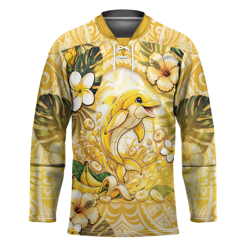 Hawaii Banana Dolphin Hockey Jersey Cute Cosplay Naiʻa Fish Tribal Patterns DT05 Unisex Yellow - Polynesian Pride