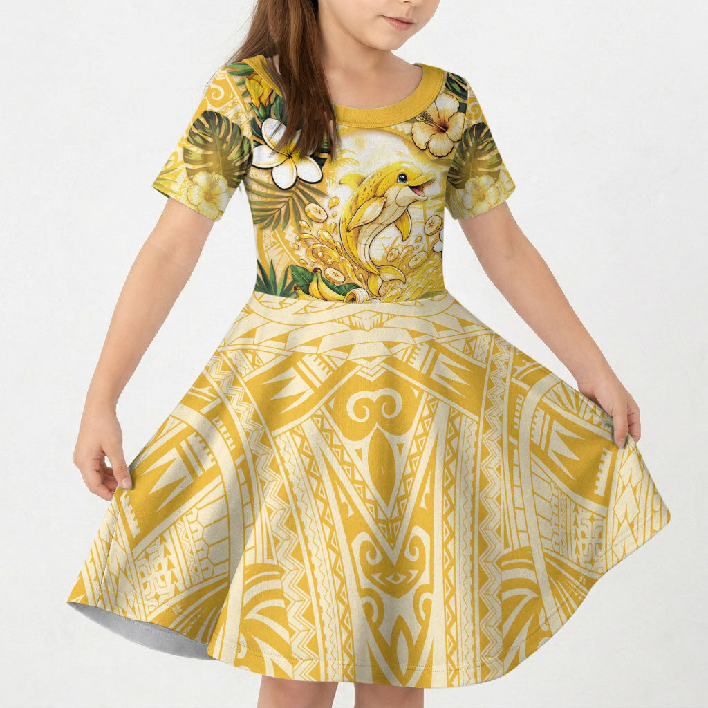 Hawaii Banana Dolphin Kid Short Sleeve Dress Cute Cosplay Naiʻa Fish Tribal Patterns DT05 KID Yellow - Polynesian Pride