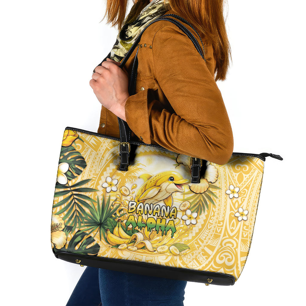 Hawaii Banana Dolphin Leather Tote Bag Cute Cosplay Naiʻa Fish Tribal Patterns