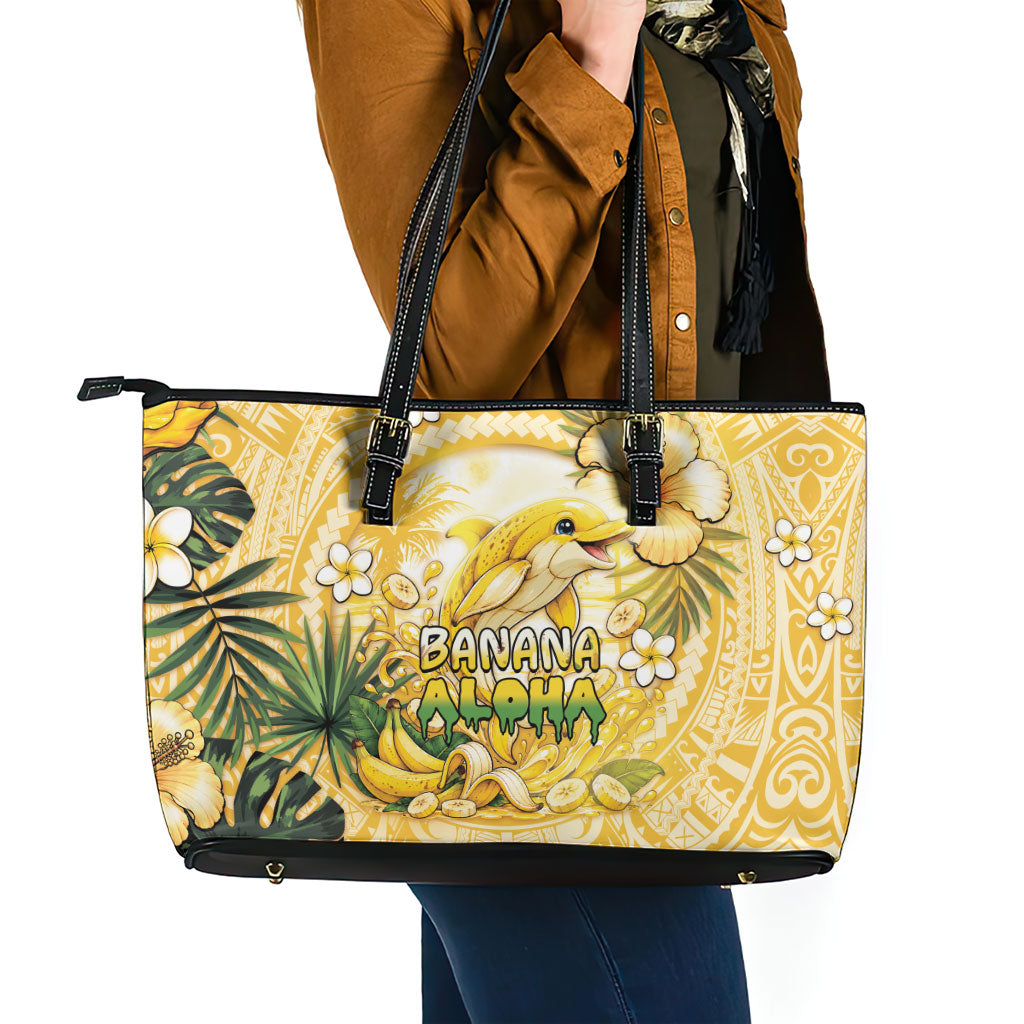 Hawaii Banana Dolphin Leather Tote Bag Cute Cosplay Naiʻa Fish Tribal Patterns