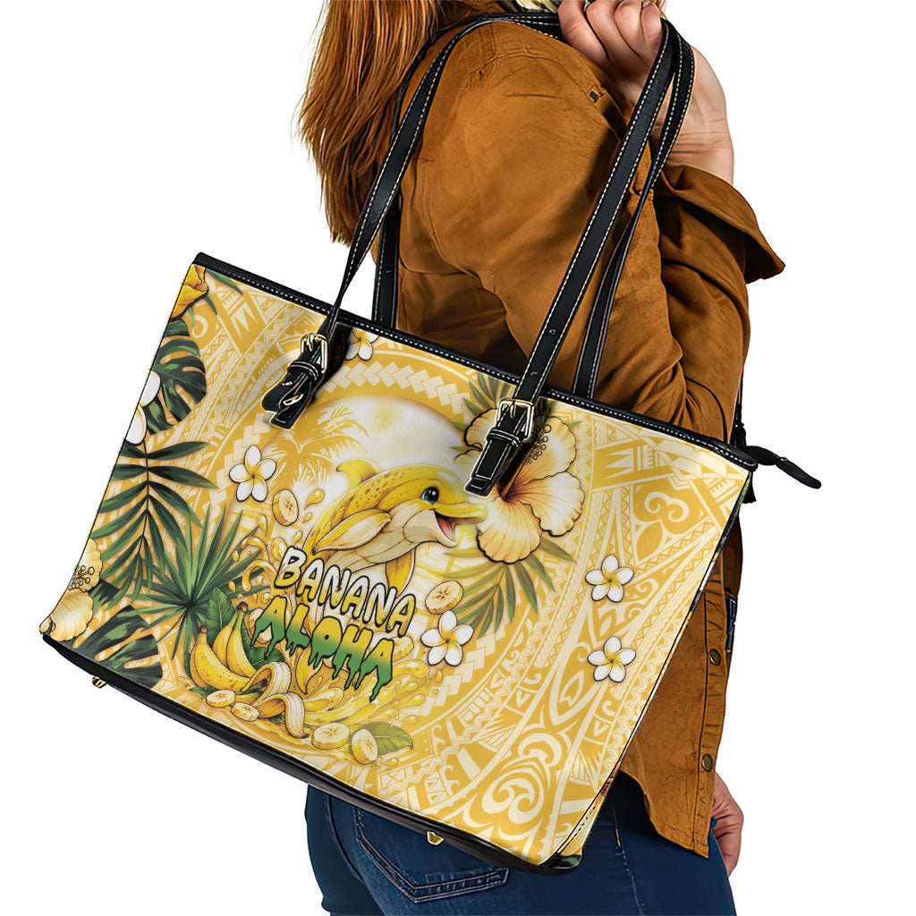 Hawaii Banana Dolphin Leather Tote Bag Cute Cosplay Naiʻa Fish Tribal Patterns