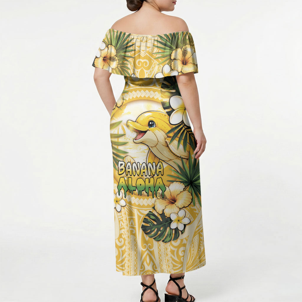 Hawaii Banana Dolphin Off Shoulder Maxi Dress Cute Cosplay Naiʻa Fish Tribal Patterns