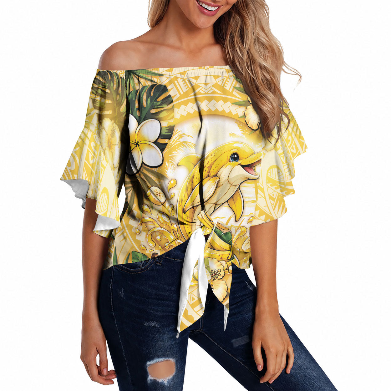 Hawaii Banana Dolphin Off Shoulder Wrap Waist Top Cute Cosplay Naiʻa Fish Tribal Patterns DT05 Yellow - Polynesian Pride