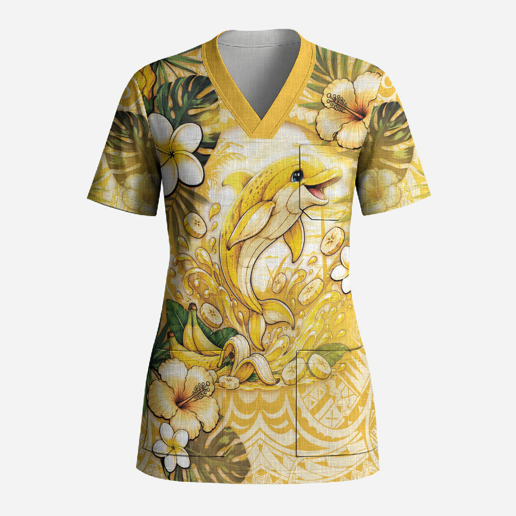 Hawaii Banana Dolphin Scrub Top Cute Cosplay Naiʻa Fish Tribal Patterns