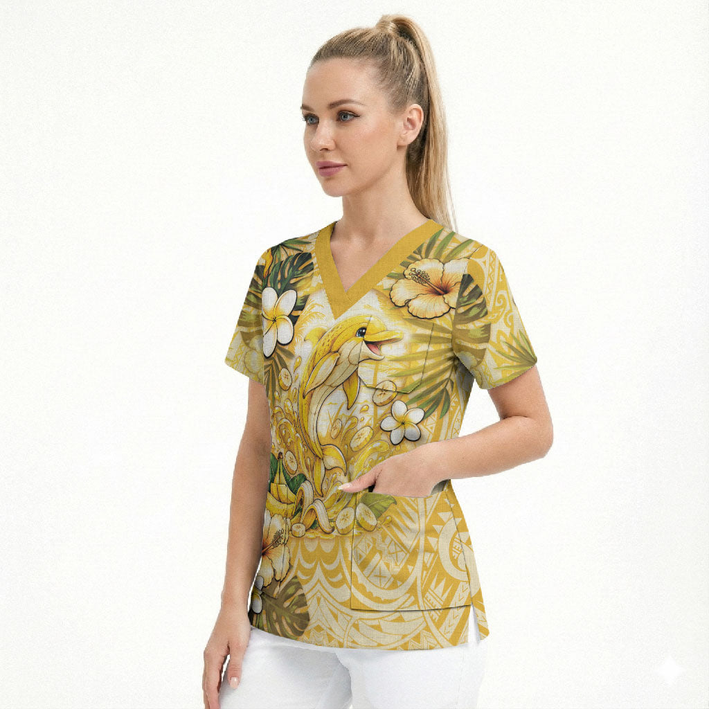 Hawaii Banana Dolphin Scrub Top Cute Cosplay Naiʻa Fish Tribal Patterns