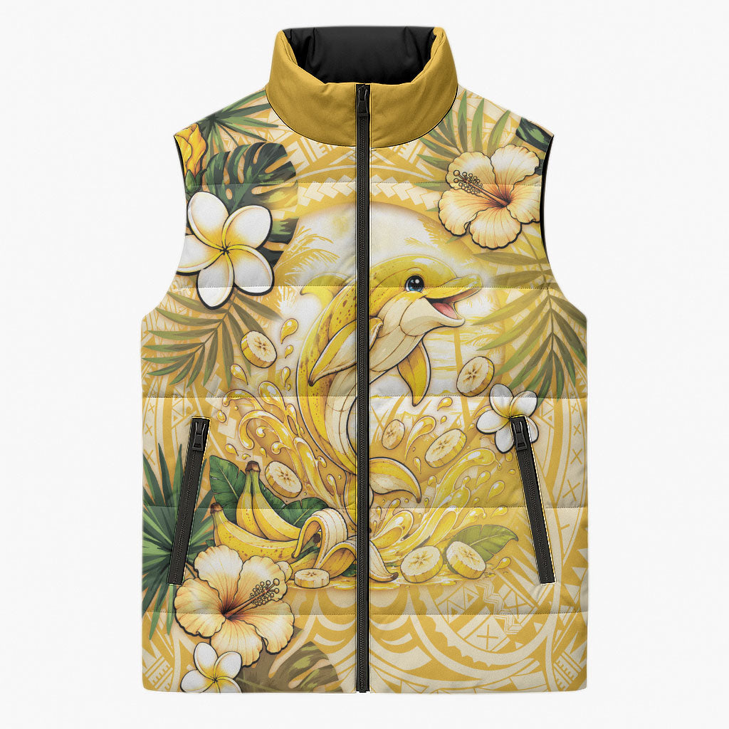 Hawaii Banana Dolphin Sleeveless Puffer Jacket Cute Cosplay Naiʻa Fish Tribal Patterns