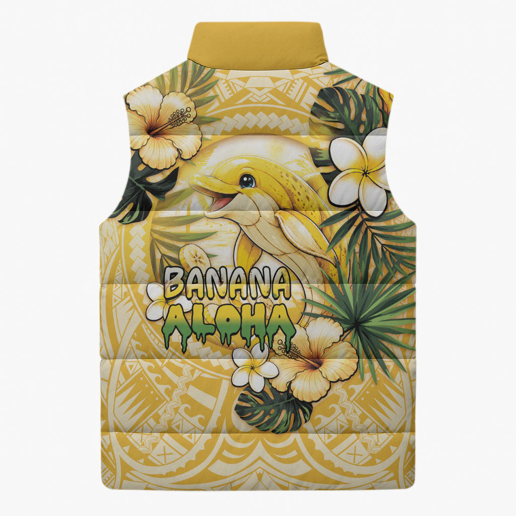 Hawaii Banana Dolphin Sleeveless Puffer Jacket Cute Cosplay Naiʻa Fish Tribal Patterns