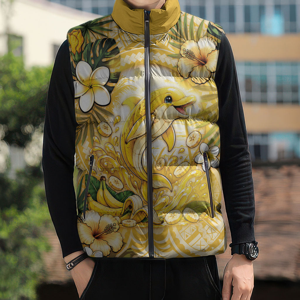 Hawaii Banana Dolphin Sleeveless Puffer Jacket Cute Cosplay Naiʻa Fish Tribal Patterns
