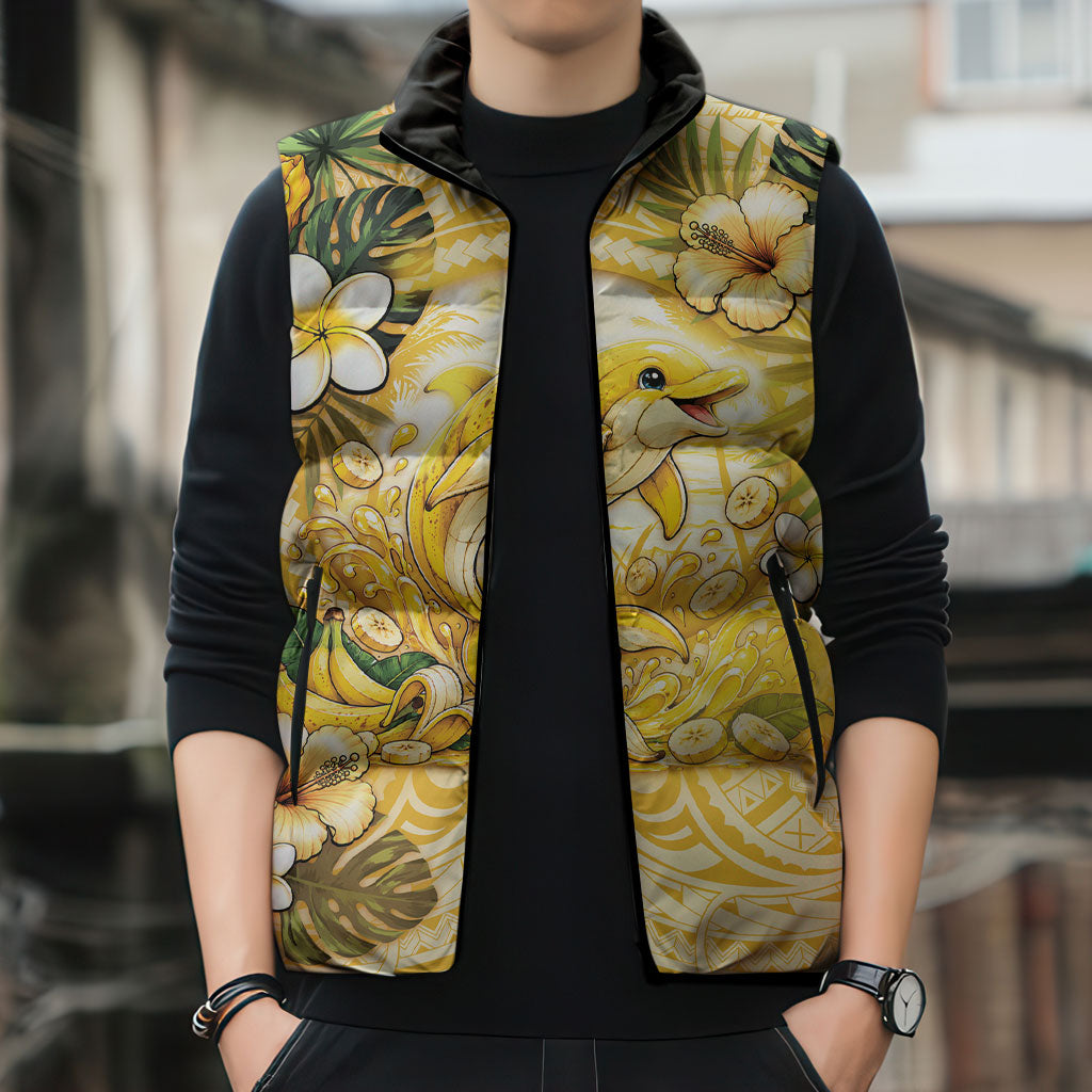 Hawaii Banana Dolphin Sleeveless Puffer Jacket Cute Cosplay Naiʻa Fish Tribal Patterns