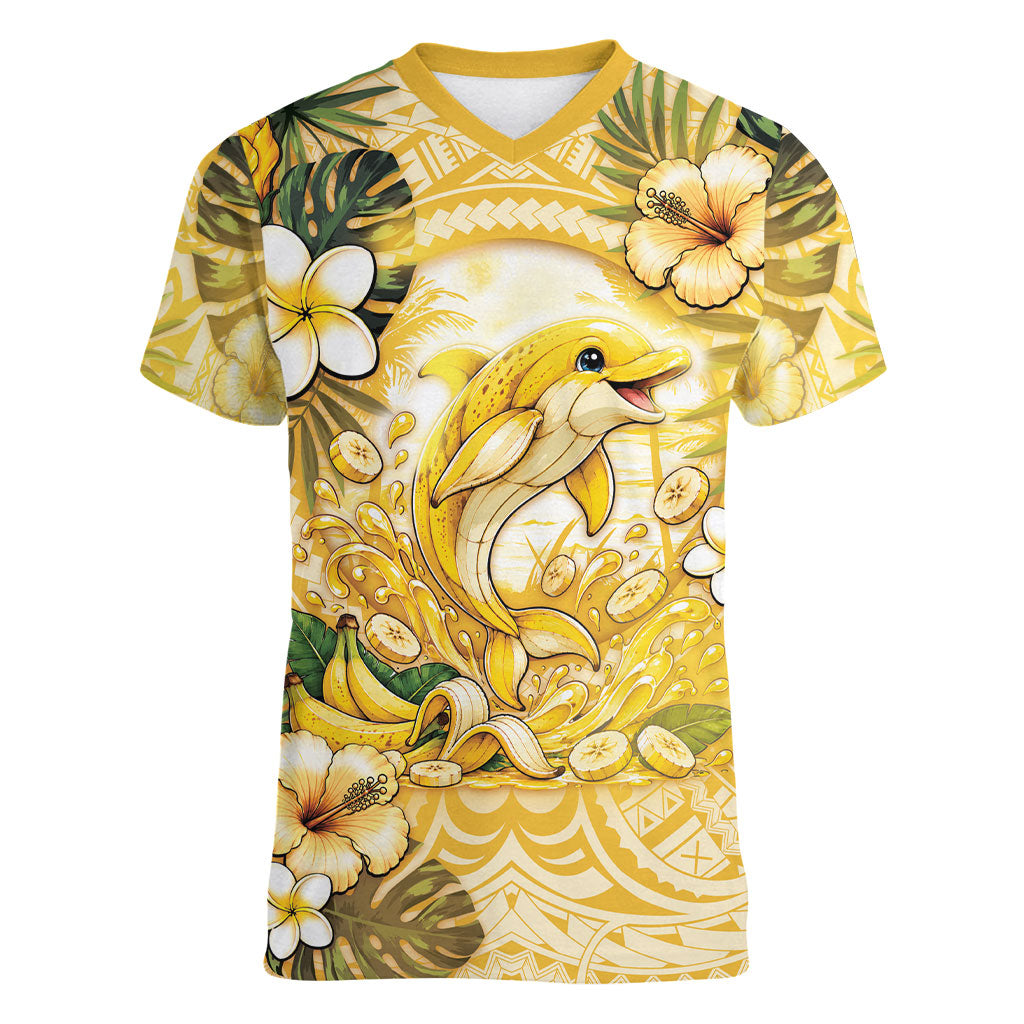 Hawaii Banana Dolphin Women V-Neck T-Shirt Cute Cosplay Naiʻa Fish Tribal Patterns DT05 Female Yellow - Polynesian Pride