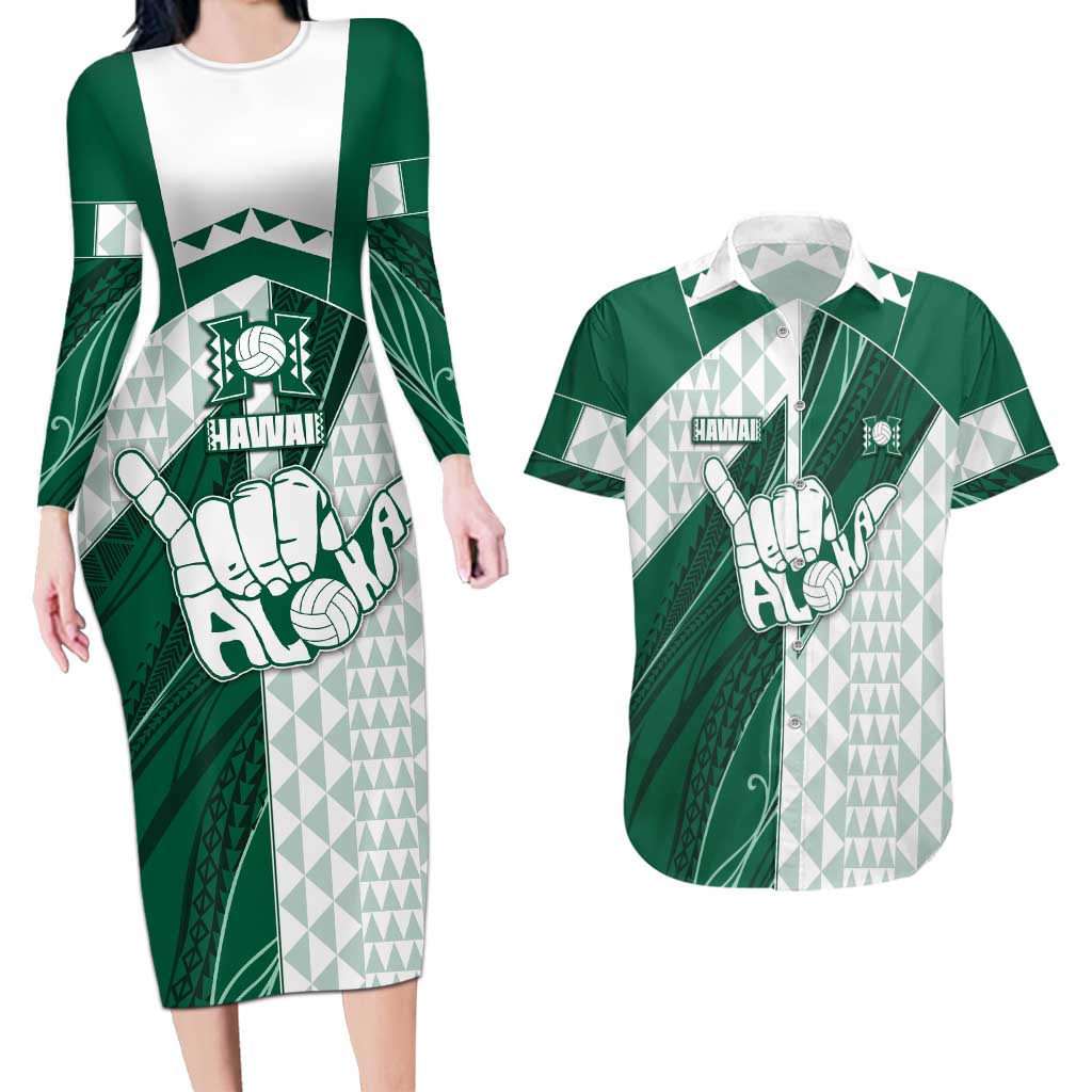 Custom Hawaii Volleyball Couples Matching Long Sleeve Bodycon Dress and Hawaiian Shirt Shaka Aloha Hand DT05 Green - Polynesian Pride