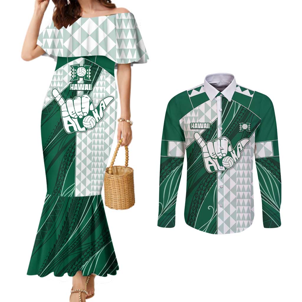 Custom Hawaii Volleyball Couples Matching Mermaid Dress and Long Sleeve Button Shirt Shaka Aloha Hand