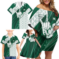 Custom Hawaii Volleyball Family Matching Off Shoulder Short Dress and Hawaiian Shirt Shaka Aloha Hand
