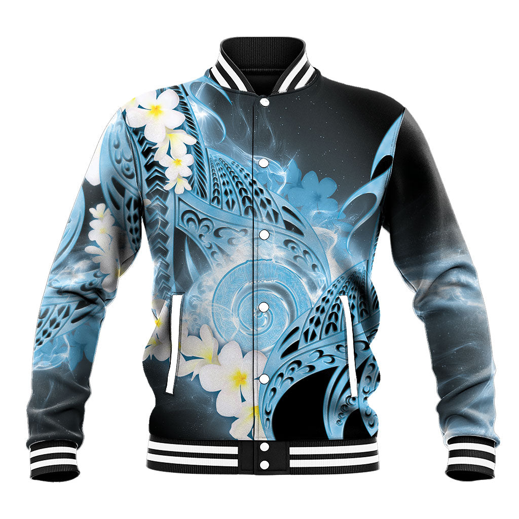 Piko Hawaiian Baseball Jacket Blue Galaxy Spiral Plumeria Tribal Patterns