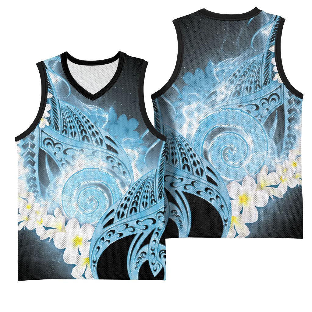 Piko Hawaiian Basketball Jersey Blue Galaxy Spiral Plumeria Tribal Patterns