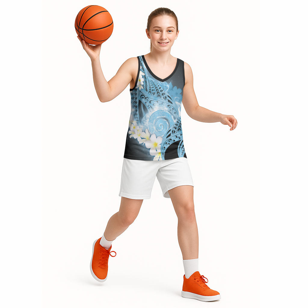 Piko Hawaiian Basketball Jersey Blue Galaxy Spiral Plumeria Tribal Patterns