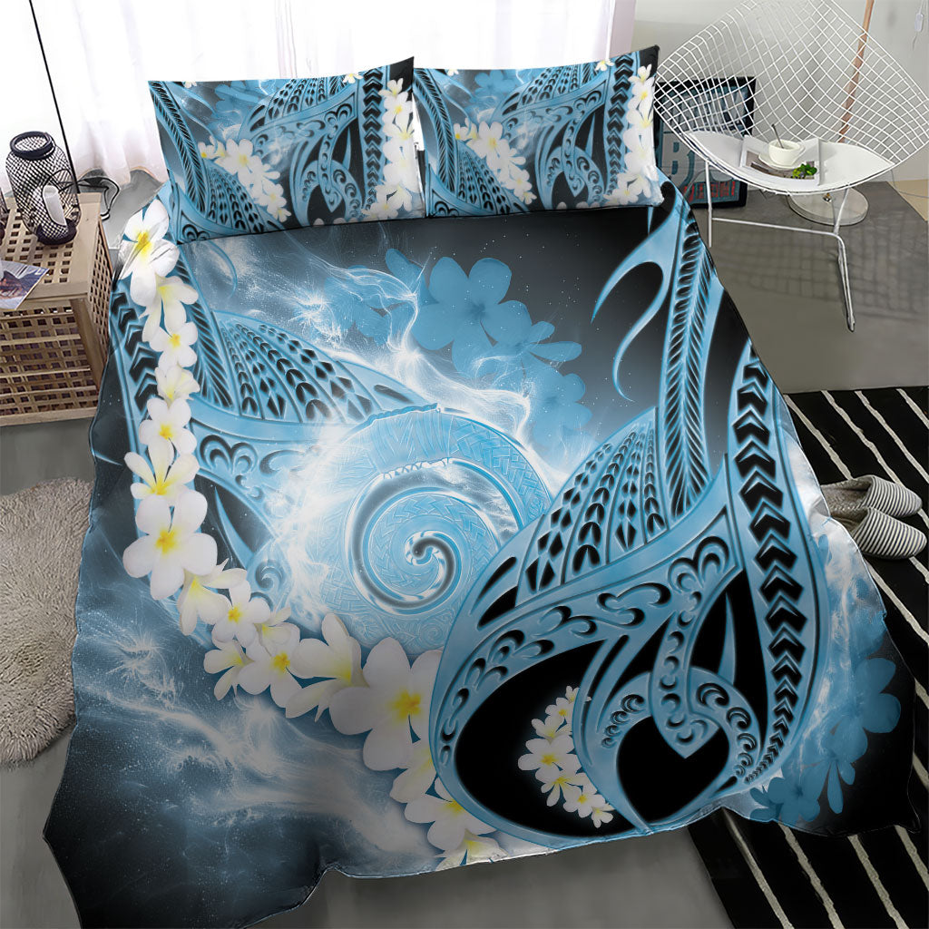 Piko Hawaiian Bedding Set Blue Galaxy Spiral Plumeria Tribal Patterns
