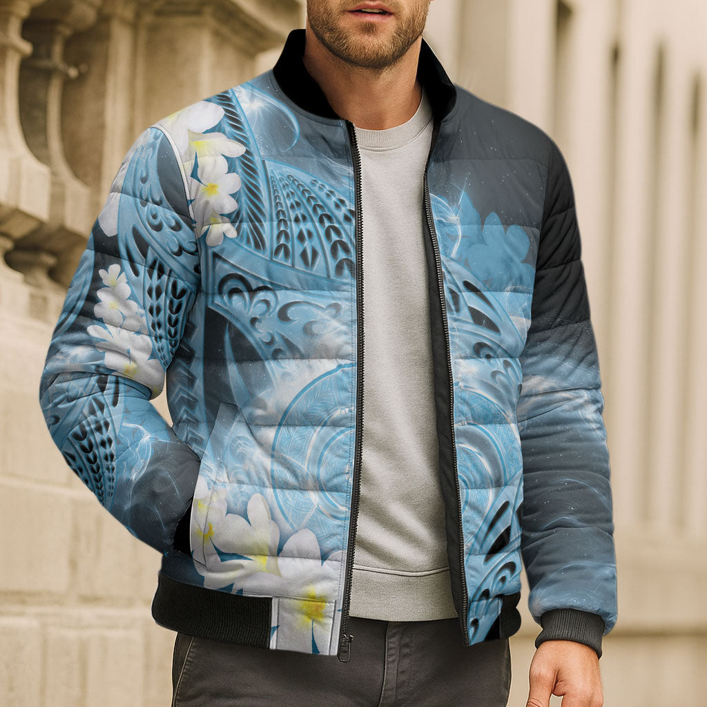 Piko Hawaiian Bomber Puffer Jacket Blue Galaxy Spiral Plumeria Tribal Patterns