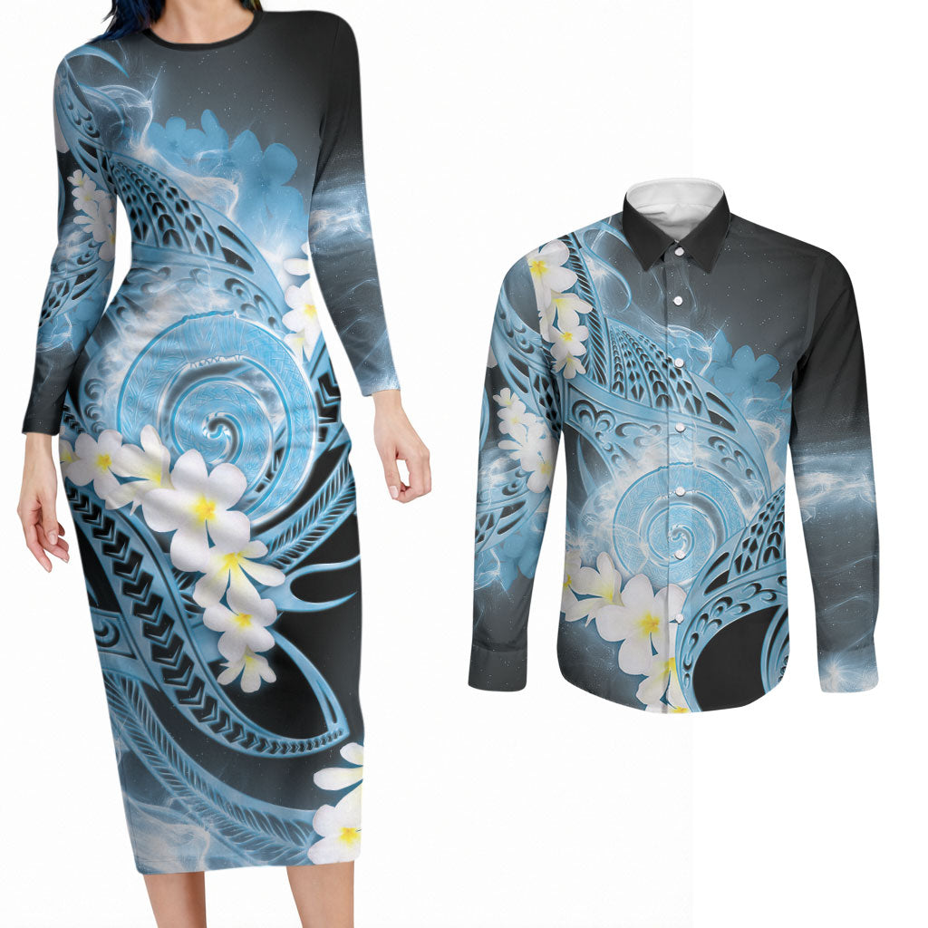 Piko Hawaiian Couples Matching Long Sleeve Bodycon Dress and Long Sleeve Button Shirt Blue Galaxy Spiral Plumeria Tribal Patterns