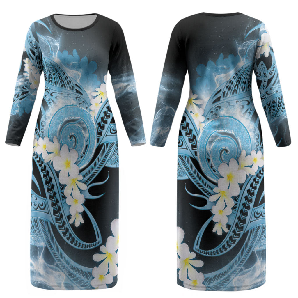 Piko Hawaiian Couples Matching Long Sleeve Bodycon Dress and Long Sleeve Button Shirt Blue Galaxy Spiral Plumeria Tribal Patterns