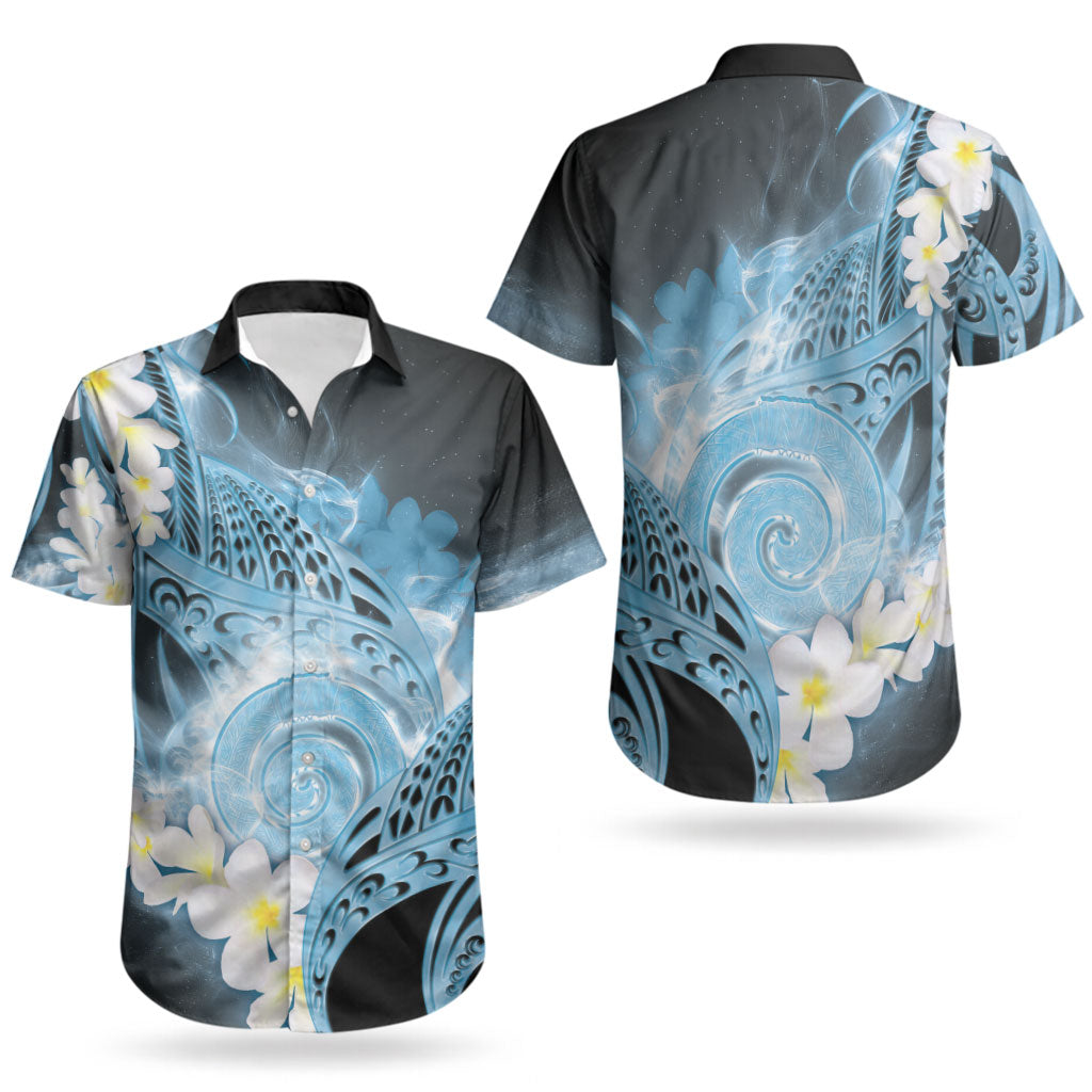 Piko Hawaiian Couples Matching Off Shoulder Short Dress and Hawaiian Shirt Blue Galaxy Spiral Plumeria Tribal Patterns