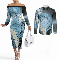 Piko Hawaiian Couples Matching Off The Shoulder Long Sleeve Dress and Long Sleeve Button Shirt Blue Galaxy Spiral Plumeria Tribal Patterns