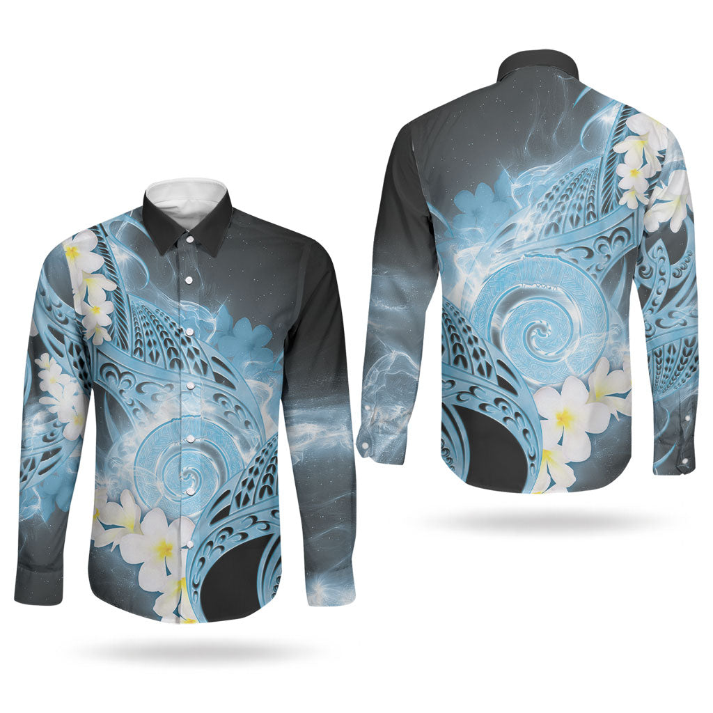 Piko Hawaiian Couples Matching Off The Shoulder Long Sleeve Dress and Long Sleeve Button Shirt Blue Galaxy Spiral Plumeria Tribal Patterns