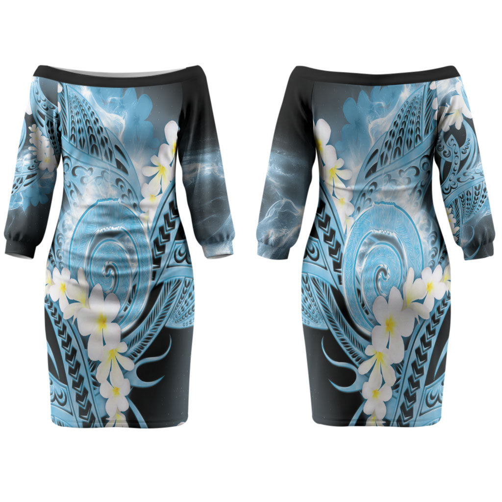 Piko Hawaiian Couples Matching Off The Shoulder Long Sleeve Dress and Long Sleeve Button Shirt Blue Galaxy Spiral Plumeria Tribal Patterns