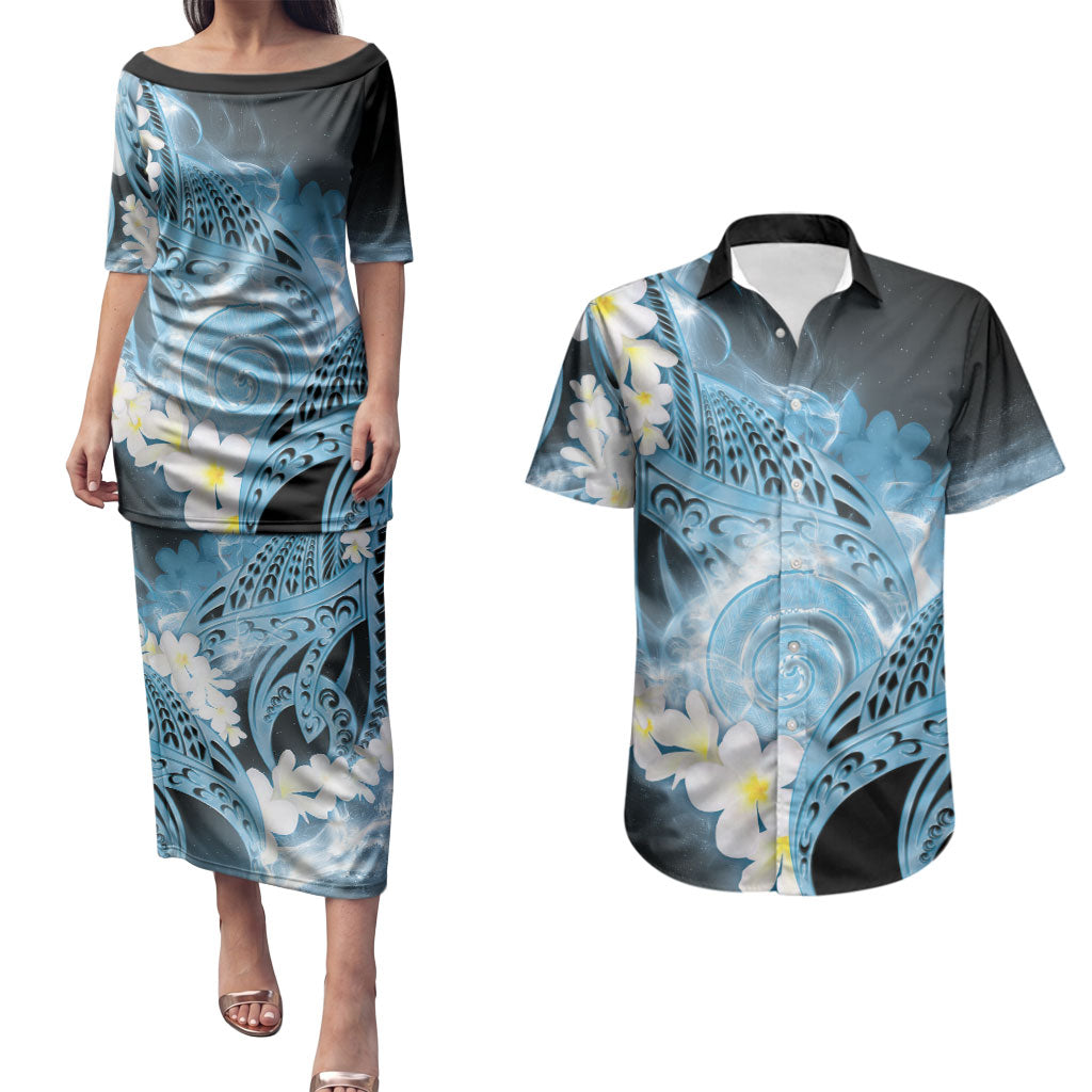 Piko Hawaiian Couples Matching Puletasi and Hawaiian Shirt Blue Galaxy Spiral Plumeria Tribal Patterns
