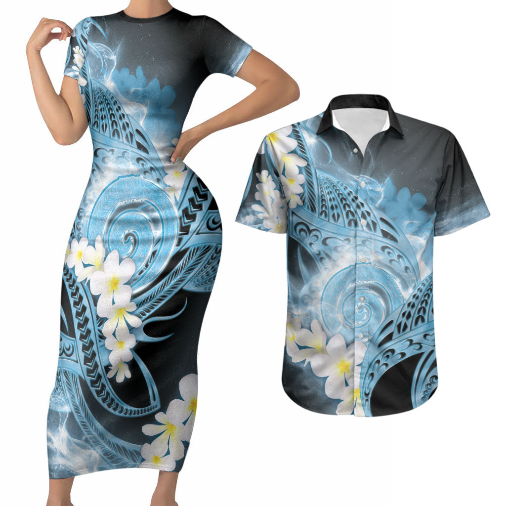 Piko Hawaiian Couples Matching Short Sleeve Bodycon Dress and Hawaiian Shirt Blue Galaxy Spiral Plumeria Tribal Patterns DT05 Blue - Polynesian Pride