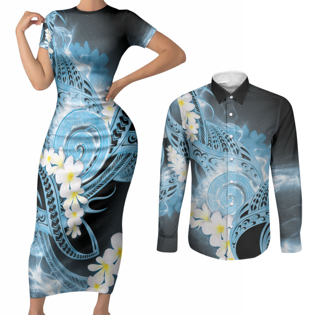 Piko Hawaiian Couples Matching Short Sleeve Bodycon Dress and Long Sleeve Button Shirt Blue Galaxy Spiral Plumeria Tribal Patterns