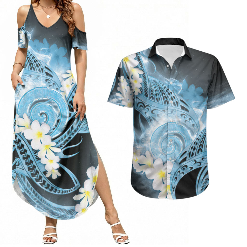Piko Hawaiian Couples Matching Summer Maxi Dress and Hawaiian Shirt Blue Galaxy Spiral Plumeria Tribal Patterns