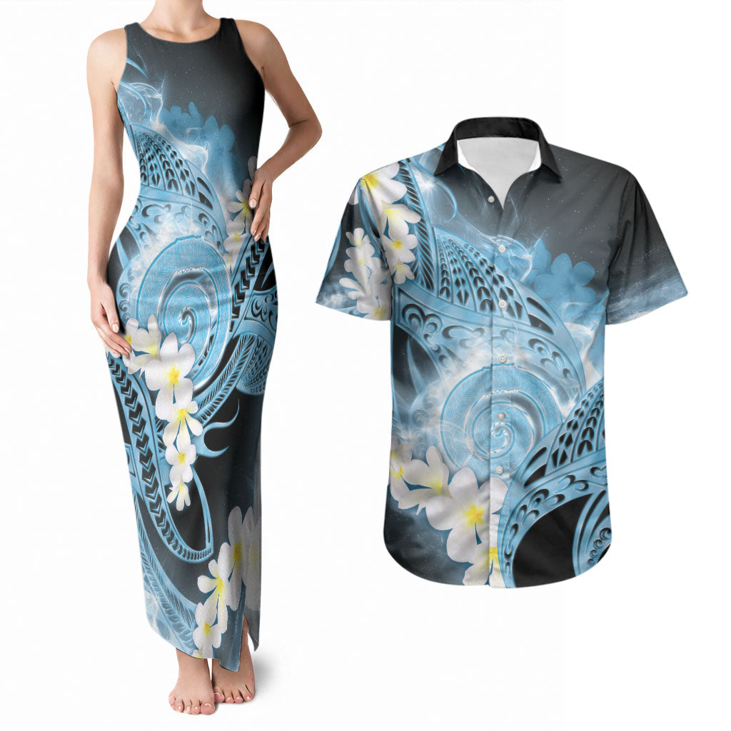 Piko Hawaiian Couples Matching Tank Maxi Dress and Hawaiian Shirt Blue Galaxy Spiral Plumeria Tribal Patterns
