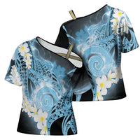 Piko Hawaiian Cross Shoulder Shirt Blue Galaxy Spiral Plumeria Tribal Patterns
