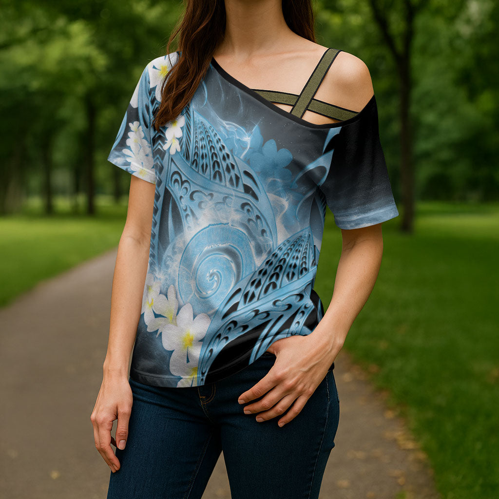 Piko Hawaiian Cross Shoulder Shirt Blue Galaxy Spiral Plumeria Tribal Patterns