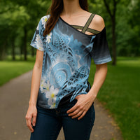 Piko Hawaiian Cross Shoulder Shirt Blue Galaxy Spiral Plumeria Tribal Patterns