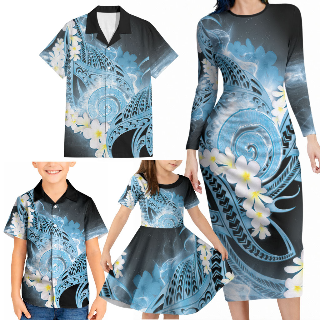Piko Hawaiian Family Matching Long Sleeve Bodycon Dress and Hawaiian Shirt Blue Galaxy Spiral Plumeria Tribal Patterns