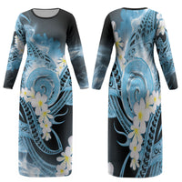 Piko Hawaiian Family Matching Long Sleeve Bodycon Dress and Hawaiian Shirt Blue Galaxy Spiral Plumeria Tribal Patterns