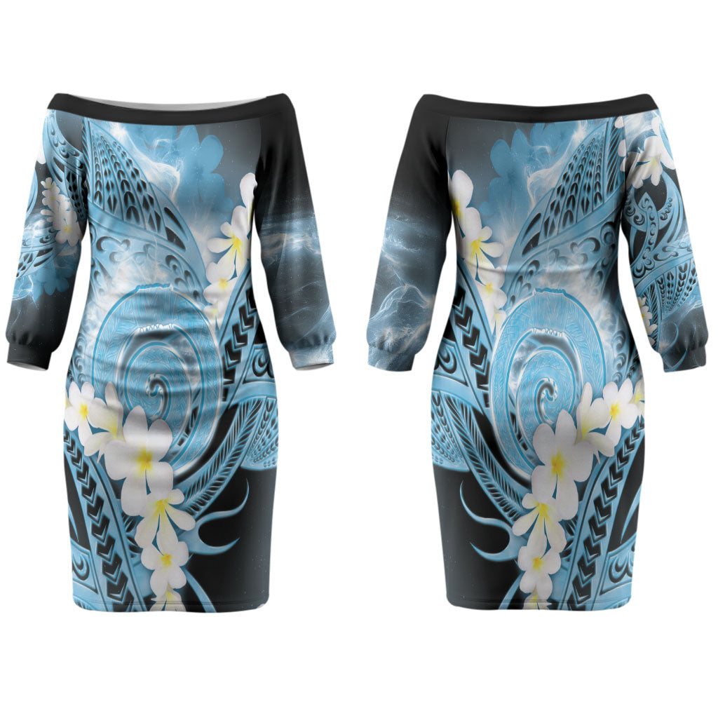 Piko Hawaiian Family Matching Off The Shoulder Long Sleeve Dress and Hawaiian Shirt Blue Galaxy Spiral Plumeria Tribal Patterns