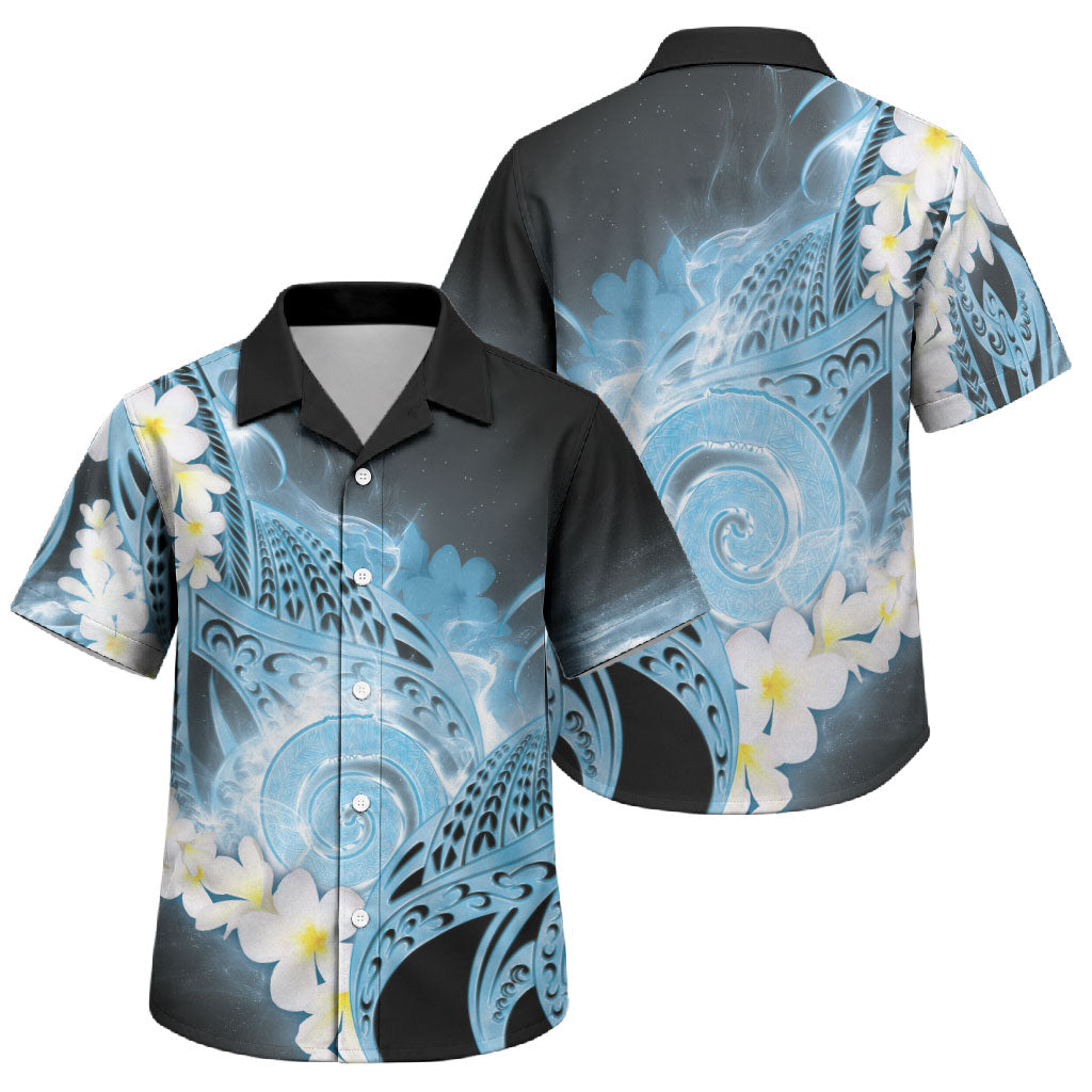 Piko Hawaiian Family Matching Off The Shoulder Long Sleeve Dress and Hawaiian Shirt Blue Galaxy Spiral Plumeria Tribal Patterns
