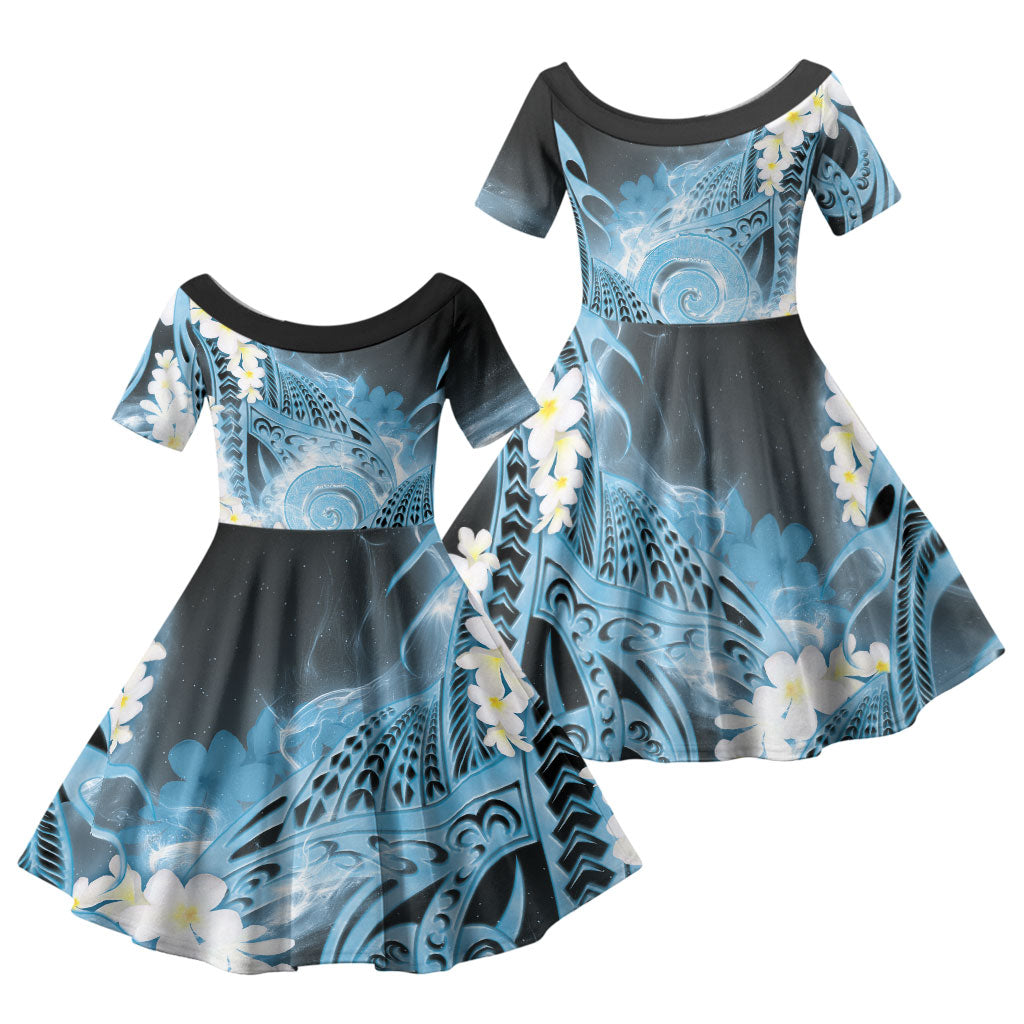 Piko Hawaiian Family Matching Off Shoulder Short Dress and Hawaiian Shirt Blue Galaxy Spiral Plumeria Tribal Patterns