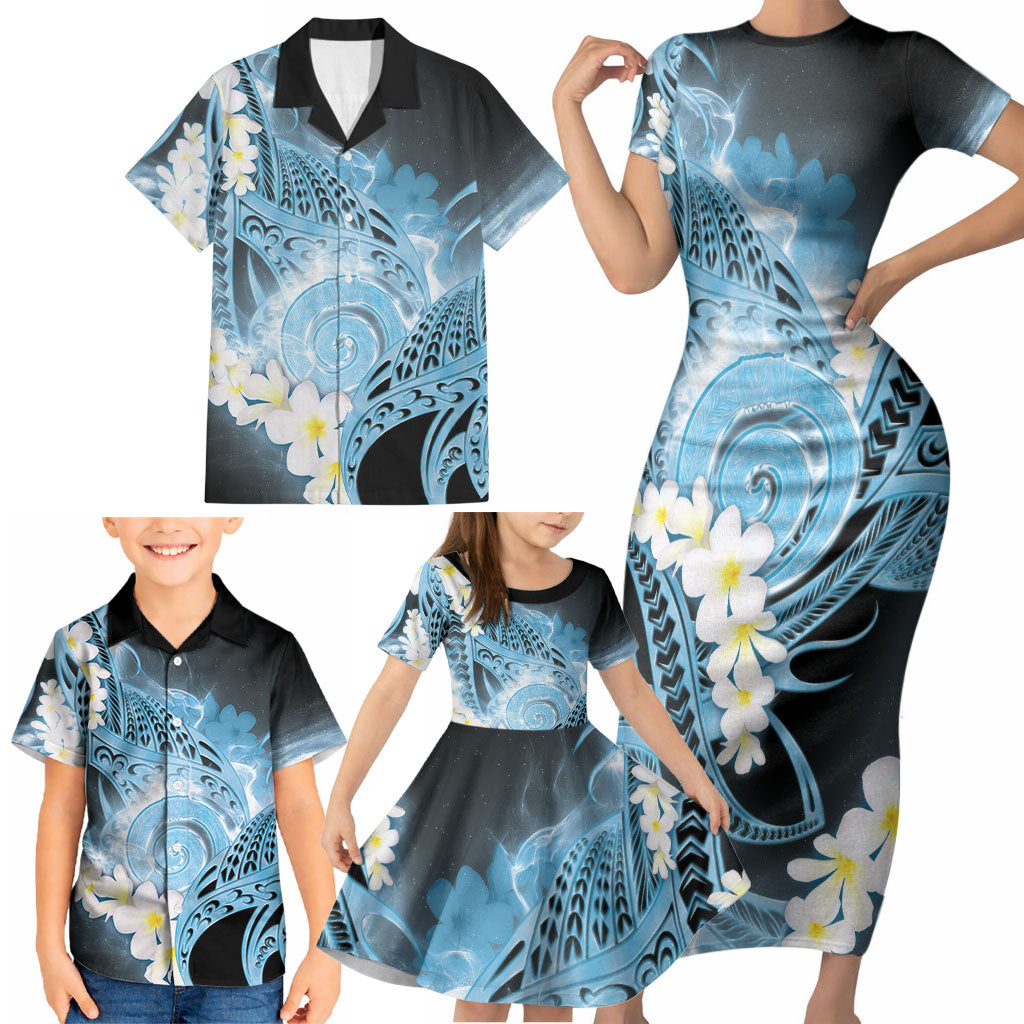 Piko Hawaiian Family Matching Short Sleeve Bodycon Dress and Hawaiian Shirt Blue Galaxy Spiral Plumeria Tribal Patterns DT05 - Polynesian Pride