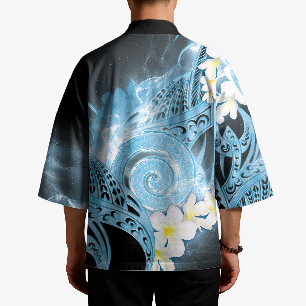 Piko Hawaiian Kimono Blue Galaxy Spiral Plumeria Tribal Patterns