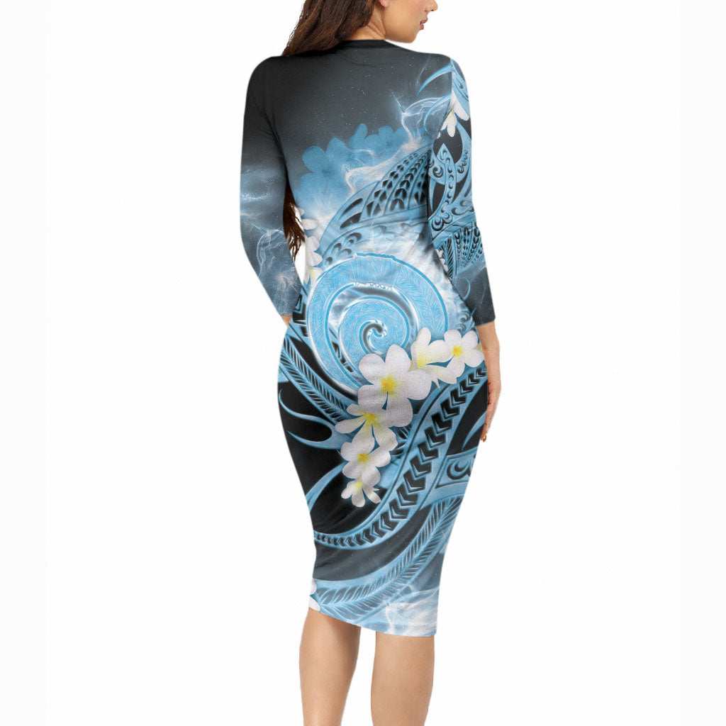 Piko Hawaiian Long Sleeve Bodycon Dress Blue Galaxy Spiral Plumeria Tribal Patterns