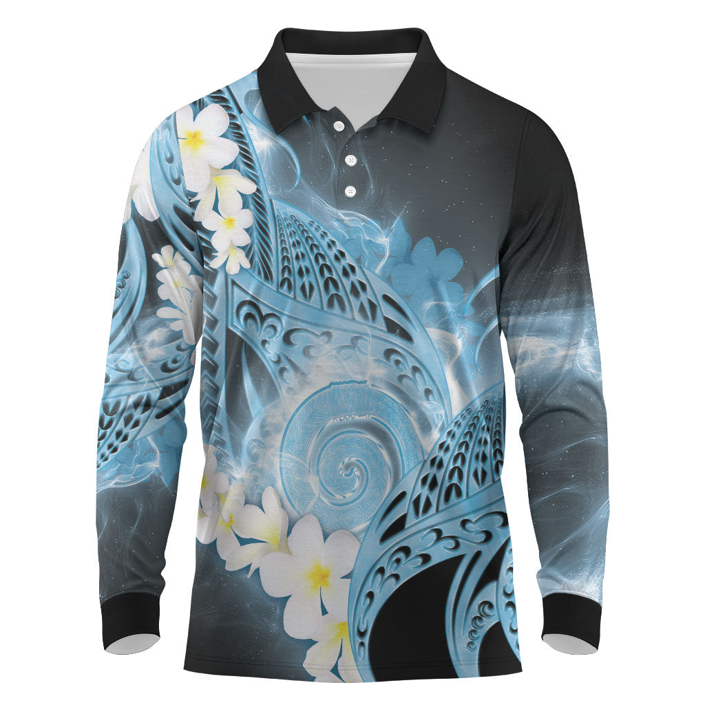 Piko Hawaiian Long Sleeve Polo Shirt Blue Galaxy Spiral Plumeria Tribal Patterns