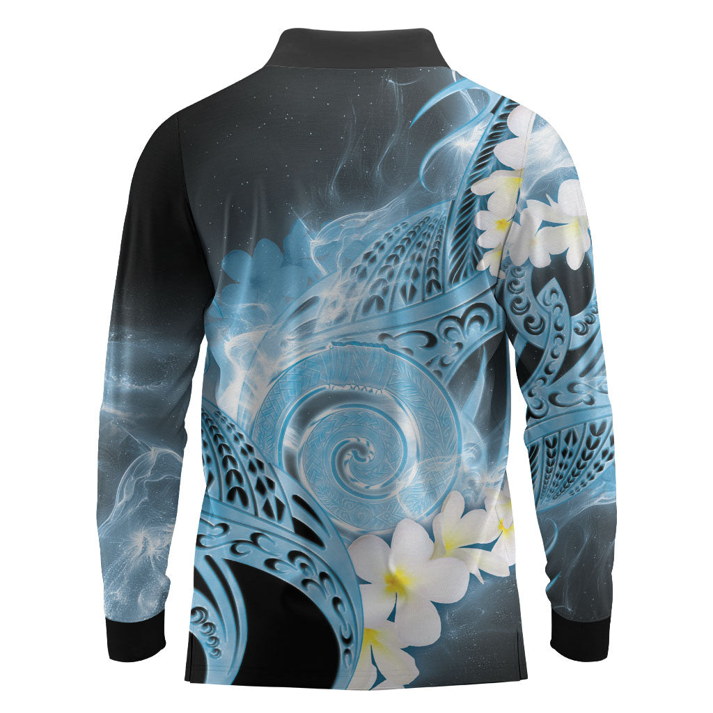 Piko Hawaiian Long Sleeve Polo Shirt Blue Galaxy Spiral Plumeria Tribal Patterns