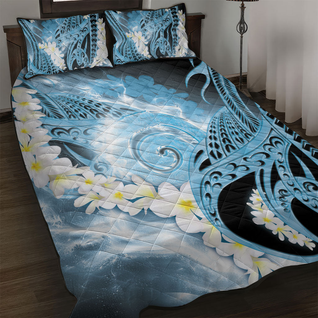 Piko Hawaiian Quilt Bed Set Blue Galaxy Spiral Plumeria Tribal Patterns